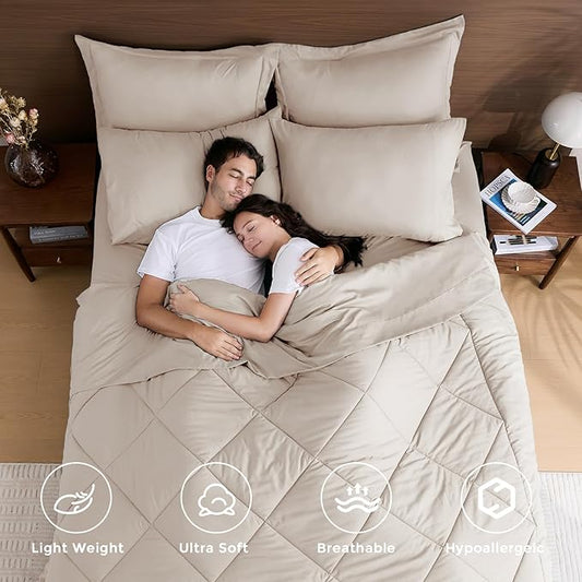 HEVUMYI Beige Tan Twin Comforter Set - 5-Piece All Season Bed in a Bag Twin, Ultra Soft Bedding Set with Comforter, Flat Sheet, Fitted Sheet, Pillowcases, Pillow Shams, Beige Tan
