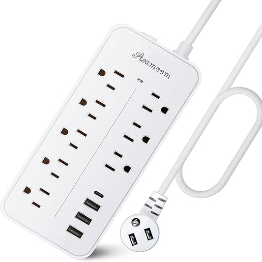 15FT Surge Protector Power Strip Extension Cord with USB C, Flat Plug Power Strip with Long Cord,8 Outlets and 4 USB Port,1700J Wall Mount Desk Multiple Outlets for Home Office White ETL Listed 