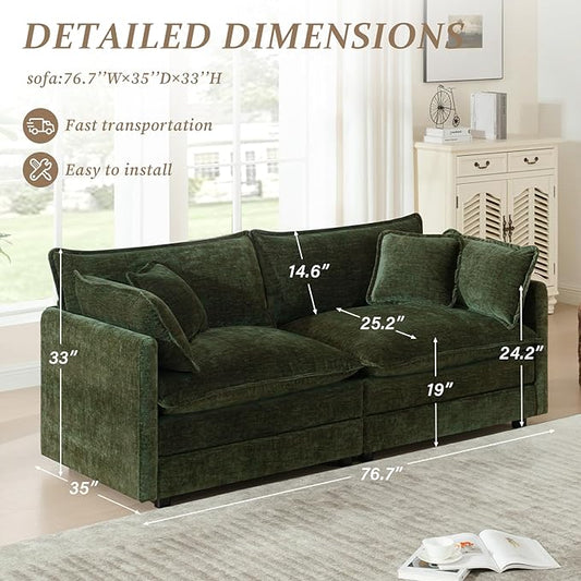 SoarFlash Chenille Sectional Sofa, Comfy Modular Loveseat Sofa, Modern 2-Seat Couch Deep Seat Sofa Set for Living Room,Green