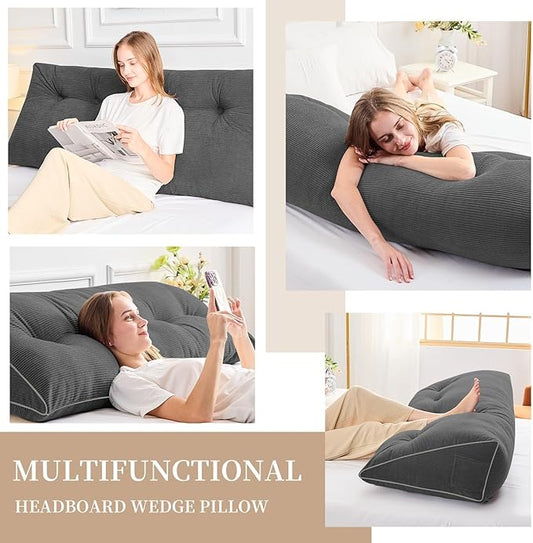 Sasttie Headboard Pillow King, Wedge Pillow Headboard for Sitting Up in Bed, Back-Rest Support Triangular Cushion for Reading - Features Removable Washable Cover, Dark Grey