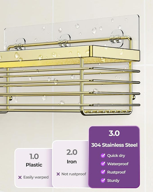 ODesign Shower Caddy 3 Pack SUS304 Stainless Steel-No Drilling-Shower Bathroom Shelves Rack,Rustproof Wall Mounted,Adhesive Shower Shelf Basket Organizer-Golden