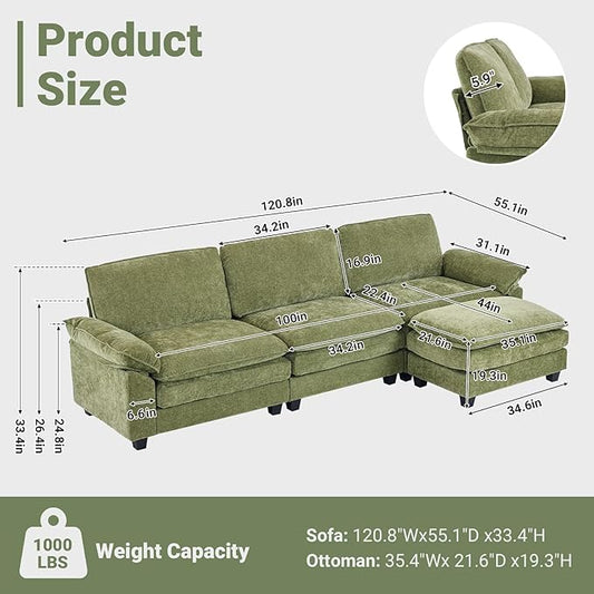 VINGLI 122" Cloud Double-Layer Deep Convertible Sectional Sofa, Comfy L-Shape 3-Seat Couches for Living Room, Modern Couch with Movable Ottoman for Small Space, Olive Green, Chenille