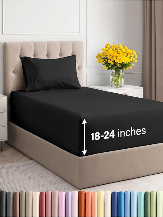 Extra Deep Pocket Twin Sheets - 3 Piece Breathable & Cooling Bed Sheets - Hotel Luxury Bed Sheet Set - Soft, Wrinkle Free & Comfy - Easily Fits Extra Deep Mattresses - Deep Pocket Black Sheets Set