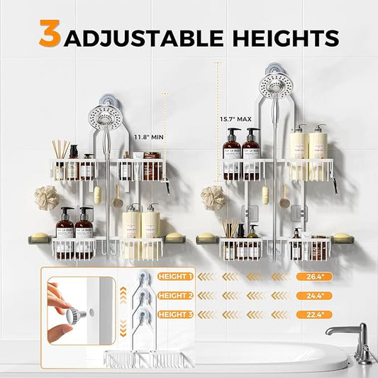 REINHARDT Aluminum Shower Caddy Hanging Adjustable Shower Caddy, Rustproof Hanging Shower Organizer with Hooks Soap Holders, Over Shower Head Caddy for Handheld Showerhead, White