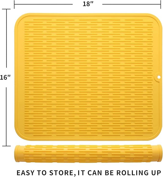 Silicone Dish Drying Mat for Multiple Usage,Easy clean,Eco-friendly,Heat-resistant Silicone Mat for Kitchen Counter or Sink,Refrigerator or Drawer Liner Yellow XL 18 inches x 16 inches