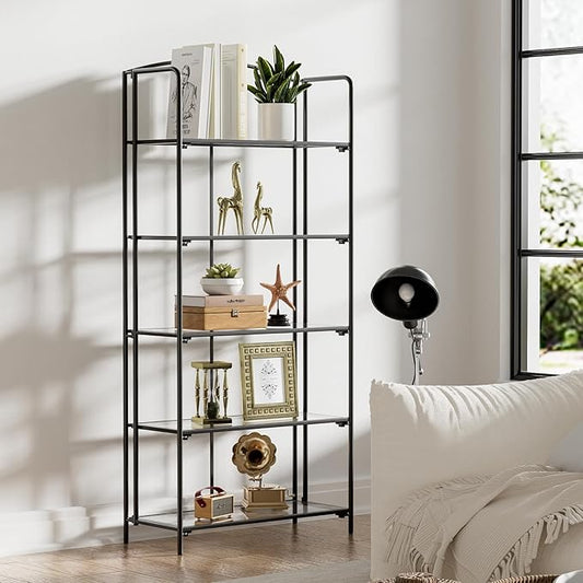 Crofy No Assembly Folding Bookshelf for Living Room, 5 Tier Black Collapsible Book Shelf for Home Office, Portable Bookcase Storage Organizer