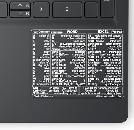 Synerlogic Word/Excel Windows Shortcut Sticker | Reference Guide Keyboard Shortcuts | Work from Home Essentials | Excel Shortcuts Cheat Sheet Laminated Vinyl (Clear/White/Small)