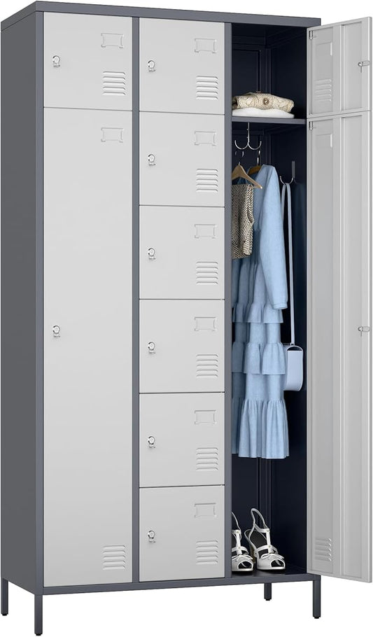 Aobabo Metal Lockable Storage Locker 8 Small Doors and 2 Big Doors, Metal Lockers for empolyees with Hooks, for School Home Office, Assembly Required, 10Doors, Grey White