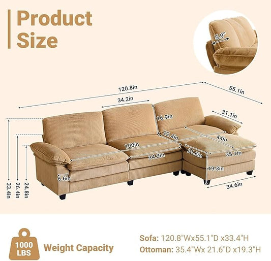 VINGLI 121" L Shape Sectional Couch, Convertible Sectional Couch for Living Room & Apartment,Modern 3-Seat Convertible Modular Sofa with 1 Ottoman,Corduroy,Khaki