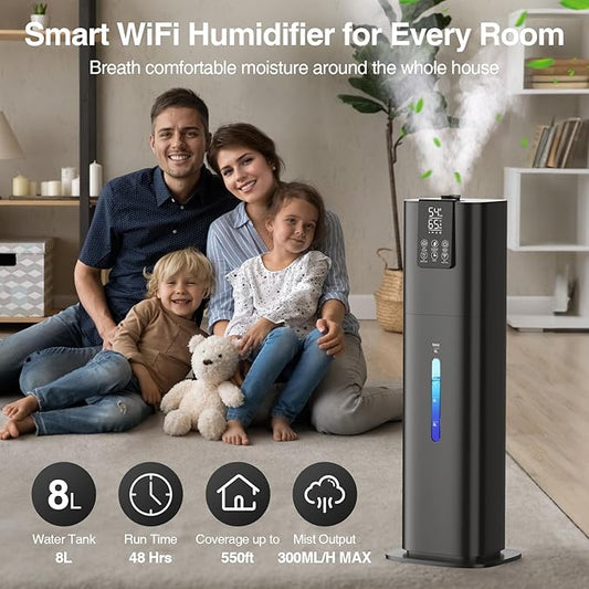 Smart Humidifiers Large Room Bedroom Home, 2.11Gal(8L) Quiet Top Fill Cool Mist Humidifier, Smart App & Remote Control, 3 Speed Humidifier with 360° Nozzle, Humidity Setting for Baby Office
