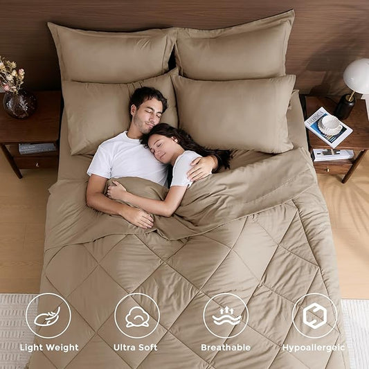 HEVUMYI Khaki Cali-King Comforter Set - 7-Piece All Season Bed in a Bag Cali-King, Ultra Soft Bedding Set with Comforter, Flat Sheet, Fitted Sheet, Pillowcases, Pillow Shams
