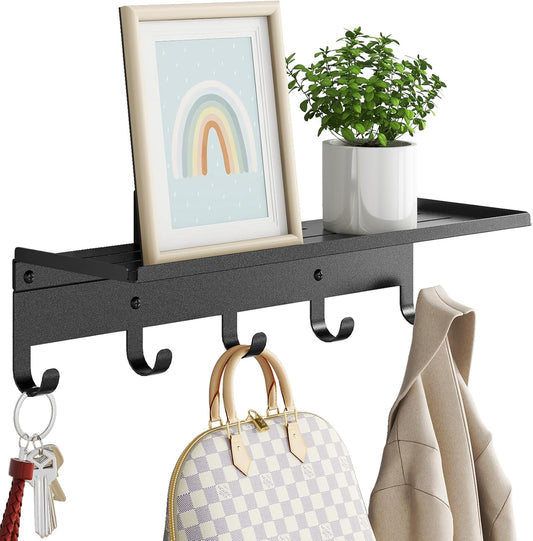 Bethom Wall Shelf with Hooks, Metal Coat Rack Wall Mounted with 5 Hooks, 17 Inch Clothes Hooks Entryway Coat Hangers Storage Clothes, Bags, Purse, Keys for Living Room, Bedroom, Black