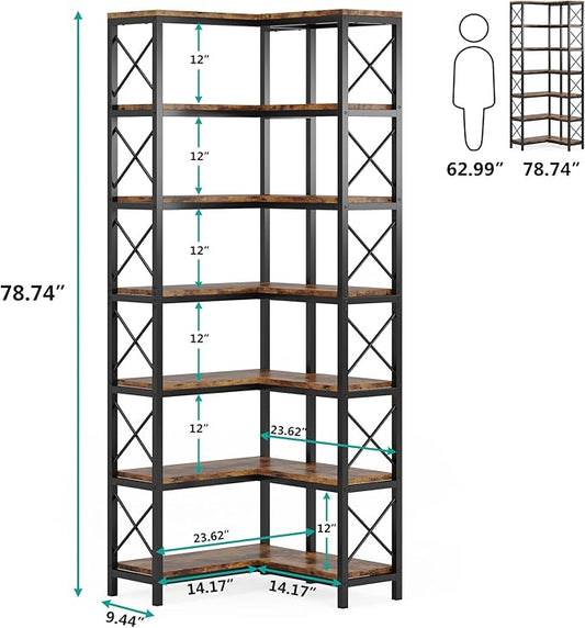 Tribesigns 7-Tier Corner Bookcase, Industrial Large Corner Bookshelf, 7-Shelf Tall Shelf Storage Display Rack with Metal Frame for Living Room Home Office, Rustic Brown
