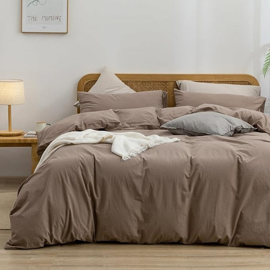 BESTOUCH Duvet Cover Set 100% Washed Cotton Linen Feel Super Soft Comfortable Chic Lightweight 3 PCs Home Bedding Set Solid Pine Bark Brown Cal King