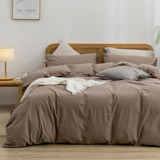 BESTOUCH Duvet Cover Set 100% Washed Cotton Linen Feel Super Soft Comfortable Chic Lightweight 3 PCs Home Bedding Set Solid Pine Bark Brown Super Queen