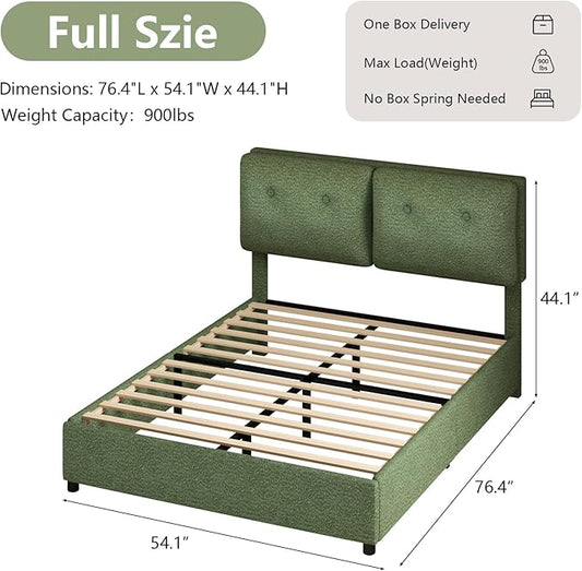 Full Size Bed Frame with Headboard, Cloud Boucle Upholstered Bed Frame, Modern Soft Style, Adjustable Headboard, No Box Spring Needed, Easy Assembly, Green