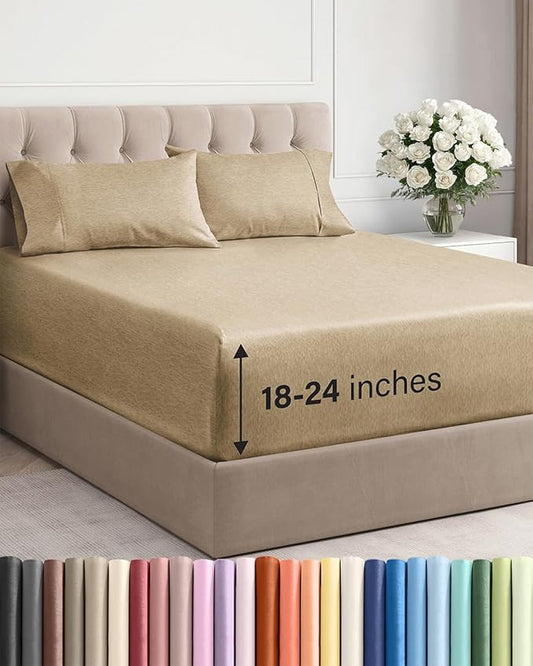 Extra Deep Pocket Queen Sheet Set - 4 Piece Breathable & Cooling Bed Sheets - Hotel Luxury Sheet Set - Soft, Wrinkle Free & Comfy - Easily Fits Extra Deep Mattresses - Deep Pocket Heathered Tan Sheets