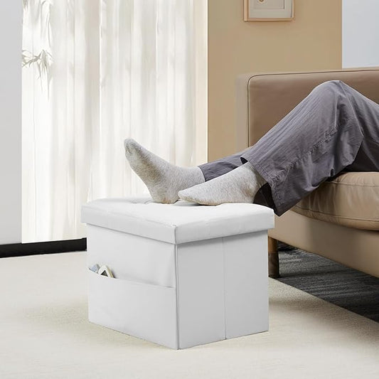 Storage Ottoman Foot Rest Stool, Small Leather Storage Ottomans Bench, Folding Footstool with Side Pockets, Foot Rest Under Desk for Living Room Bedroom, 17x13x13 in, White