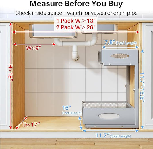 Under Sink Organizer, 2 Tier Pull Out Under Cabinet Organizer Shelf with Pad for Framed Cabinets, Metal Slide Out Under Sink Storage, Mesh Sliding Drawers for Kitchen Bathroom Laundry(Grey, 1 Pack)