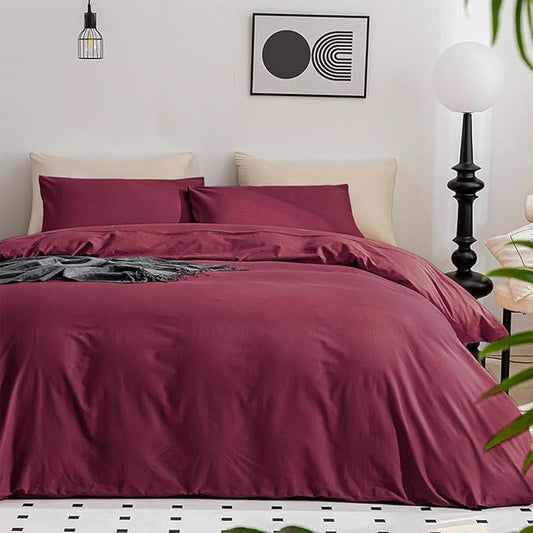 JELLYMONI Burgundy Duvet Cover Queen Size - 100% Washed Cotton Linen Like Textured Comforter Cover, 3 Pieces Breathable Soft Bedding Set with Zipper Closure (Burgundy, Queen 90"x90")