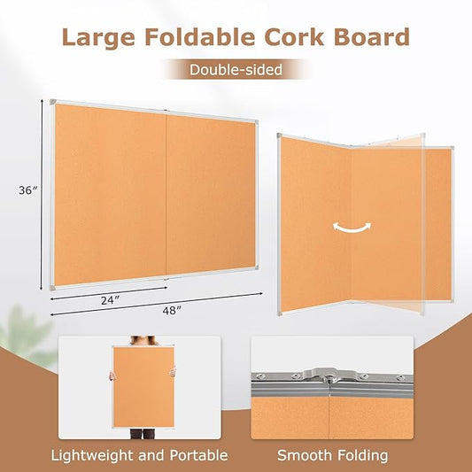 DOLLAR BOSS Foldable Cork Board, 48 x 36 Inch Corkboard, Extra Large Bulletin Board, Portable Double sided Aluminum Frame Wall Mounted Pin Board for Office School Supplies Dorm Decor with 20 Push Pins