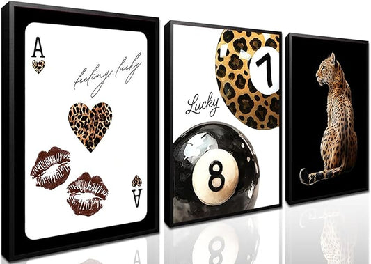 Trendy Leopard Wall Art Set of 3,Funky Lucky 8 Ball Wall Decor Paintings,Cheetah Preppy Room Posters Prints Pictures for Bedroom Living Room 12x16 inch Framed