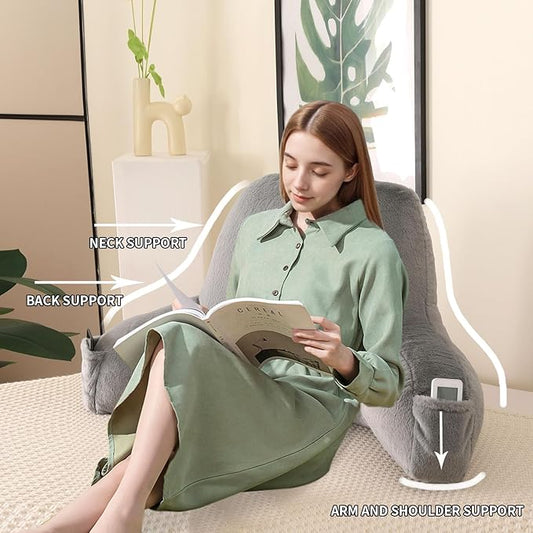 Reading Pillow for Sitting in Bed, Large Backrest Reading Pillow with Arm Rest,Back-Rest Support Cushion for Sit Up on Couch, Sofa, and Floor, Dorm Essentials (Gray Faux Fur, Large(19"))