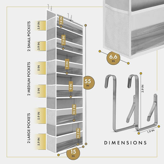 HOMELUX THEORY UPGRADED Over The Door Organizer Hanging - 100D EXTRA THICK & 50lbs HUGE CAPACITY 6Large Front & 12Side Pockets, Over The Door Shoe Organizer, Hanging Closet Organizer (Transparent 1pc)