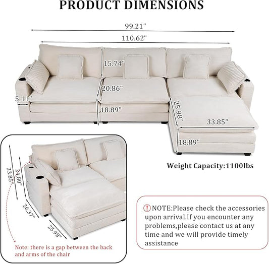 Gexpusm Modular Sectional Sofa,99" Couches for Living Room,Corduroy Sofa with Ottoman & Pillow,Cloud Sectional Couch with Cup Holders & USB,Side Pockets,3-Seat Corduroy Boneless Chair Indoor (Beige)