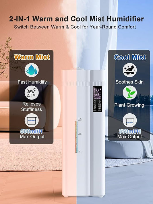 13L/3.4Gal Humidifiers for Bedroom, Ultrasonic Warm & Cool Mist Humidifier Large Room, Covers 800ft², 72H Runtime, 24H Timer, 3 Mist Modes Top Fill Quiet Humidifiers for Home, Office, White