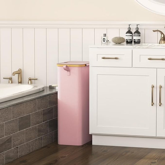 Lifewit 75L Slim Laundry Hamper with Lid, Narrow Laundry Basket with Removable Bag & Bamboo Handles, Fodable Thin Dirty Clothes Hamper for Laundry Collapsible Bin for Bathroom Bedroom Dorm, Pink