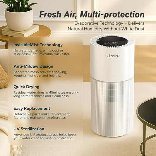 8L Evaporative Humidifier for Large Rooms up to 1000 ft²- Baby Elderly& Pet Safe Cool Evaporation, 900ml/h Output, UV Disinfection, Easy Top Fill,UltraQuiet 28dB, Smart AI Humidity Control Upgraded