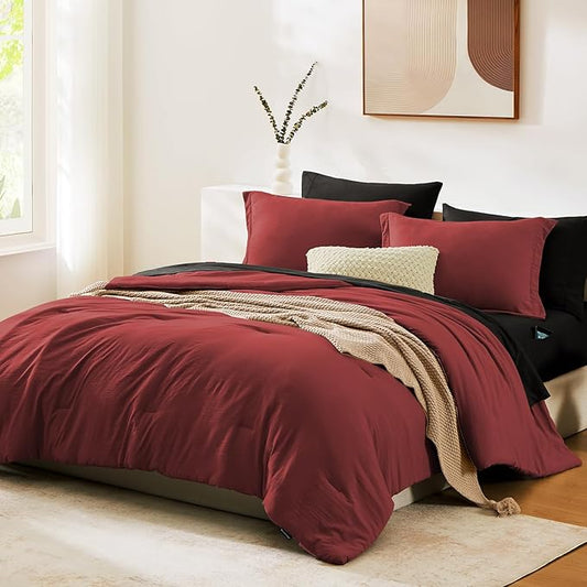 WRENSONGE Full Size Comforter Sets, 7 Pieces Bright Red Bed in a Bag with Fitted Sheet, Flat Sheet, 2 Pillow Shams, 2 Pillowcases, Warm Bedding Sets for All Season