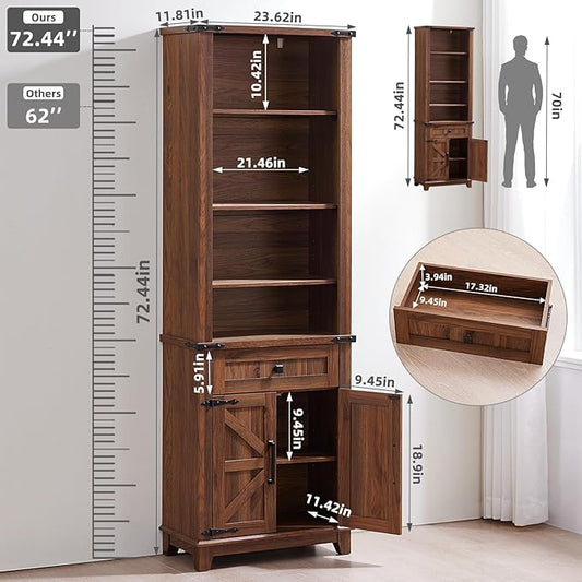72in Tall Bookshelf 7 Tier Bookcase with Drawer and Barn Doors and Adjustable Shelves, Brown Farmhouse Book Shelf with Storage Cabinet, Wood Freestanding Display Bookshelves for Kitchen