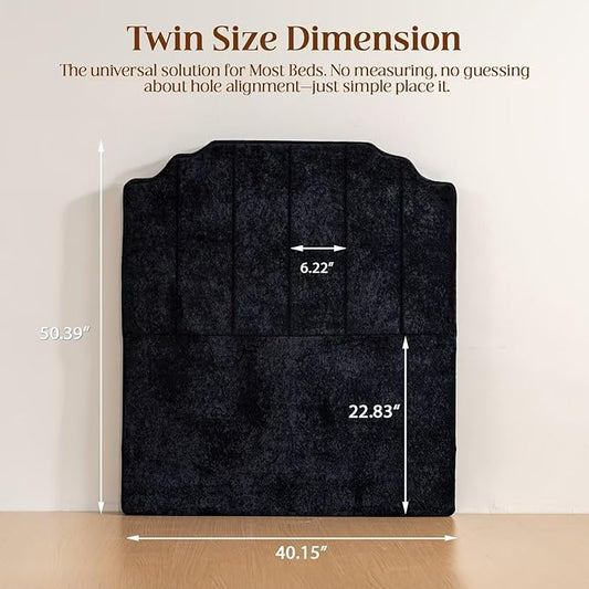 Twin Headboard Only - Black Velvet Upholstered Headboard for College Dorm, No Assembly Required, Pure Sponge Design, Place Between Bed & Wall, Vertical Stripe with Stepped Crown Top Edge