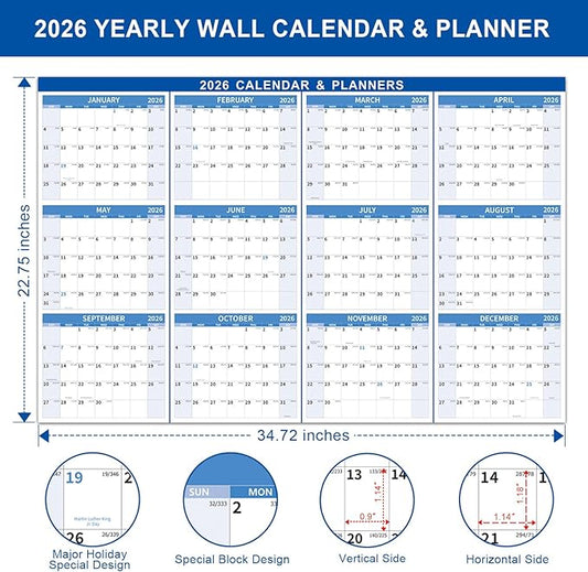 22.7" x 34.72" 2026 Wall Calendar, Folded Wet & Dry Erase Wall Calendar 12 Month, Yearly Laminated Wall Calendars, Reversible Annual Planner, Horizontal/Vertical, with Julian Dates