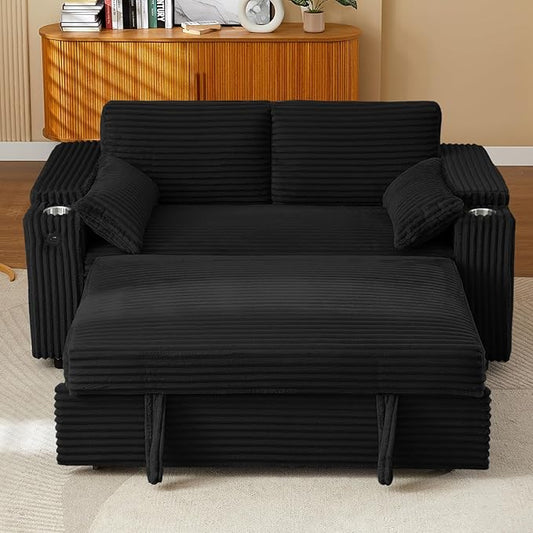 Convertible Corduroy Sofa Bed with USB Charging Port & Cup Holders, 68.11" Foldable Sleeper Chair with Armrests & Pillows, 3-in-1 Floor Futon for Living Room, Bedroom, Guest Room,Easy Assembly