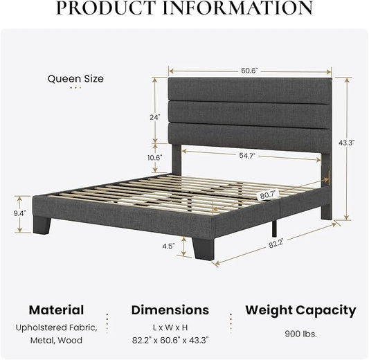 SHA CERLIN Queen Platform Bed Frame with Upholstered Fabric Headboard, Mattress Foundation with Strong Wooden Slats Support, No Box Spring Needed, Grey
