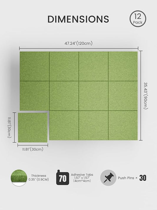 Bumusty Large Cork Board 47"x35" Alternative - 12 Pack Felt Wall Tiles with 70 Safe Removable Adhesive Tabs, 30 Pushpins, Cork Boards for Walls Pin Board Bulletin Board Office Decor (Kelly Green)