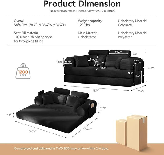 Upgrade High Backrest Design Sofa Bed with Fixed-Shape Frame & Removable Armrests and Backrest, Corduroy Fabric, Convertible Mattress Couch for Small Spaces - No Assembly Neede (High Backrest Black)