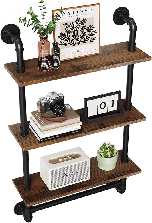 Merapi 24" Industrial Floating Shelves with Tower Bar, Pipe Shelves for Wall, 3 Tier Rustic Wood Wall Shelves for Home Décor, Bedroom, Living Room, Bathroom