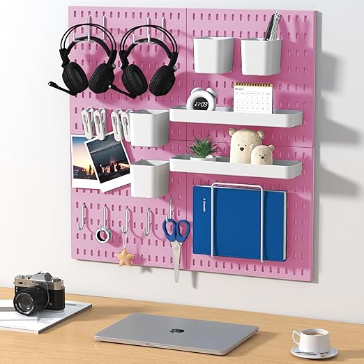 Peg Board Combination Kit, 4 Pegboards with 20 Accessories, Pegboard Wall Organizer for Office, Nursery & Home Storage, Key Holder, 25.6"x25.6" – Nail-Free Installation(Pink)