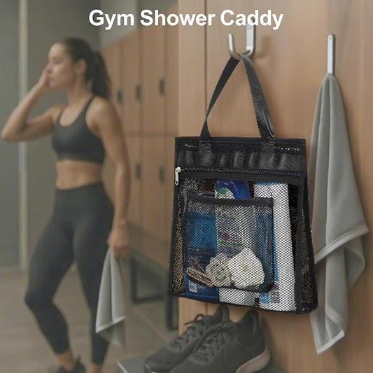 F-color Mesh Shower Caddy Portable Hanging - 3 Pockets Small Shower Bag Tote for Camping, Gym, Travel, Toiletry, Quick Dry Bathroom Essentials with S Hook, Black