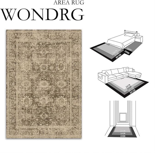 2x5 Washable Runner Rug for Kitchen Hallway Brown Vintage Non-Slip Low Pile Distressed Rustic Carpet Lightweight Vacuumable Soft Throw Rug for Indoor Entryway Bedroom