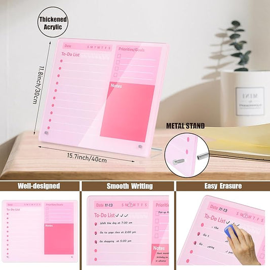 Desktop Thickened Acrylic Dry Erase Board to do List Planner Board,15.7"x11.8",Tabletop Whiteboard with Stand,Pink Office Supplie,Pink Dry Erase White Board for Office/Home/School