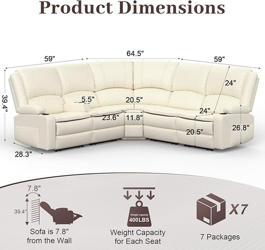 Manual Reclining Sectional Sofa Set, 5 Seats Soft Leather Recliner Corner Sectional Couch, Family-Sized L-Shaped Recliner Couch with USB Charging, Thickened Padding, Sturdy Frame, White