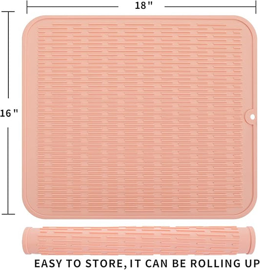 Silicone Dish Drying Mat for Multiple Usage,Easy clean,Eco-friendly,Heat-resistant Silicone Mat for Kitchen Counter or Sink,Refrigerator or Drawer Liner Pink XL 18 inches x 16 inches