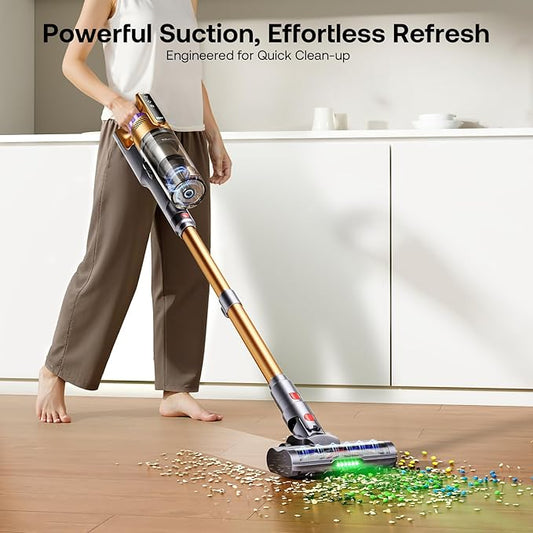 Trucozie Cordless Vacuum Cleaner, Self-Standing Lightweight Stick Vacuum with 50 mins Runtime, Powerful Suction, Anti-Tangle Wireless Vacuum for Home, Hardwood Floor, Carpet, Pet Hair, Gold