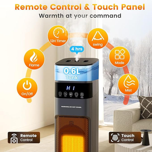 Auertech Space Heater with Humidifier, 3 in 1 Portable Electric Heater with 3D Flame & Water Tank, Oscillating Room Heaters with 12H Timer, 31" Tower Heaters for Indoor Use Large Room, Office, Bedroom