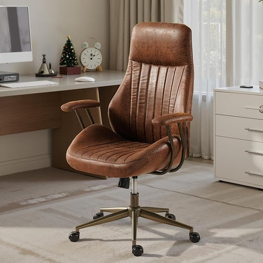 Home Office Desk Chair, Mid-Century Modern Office Chair with Adjustable Lumbar Support, Adjustable Height Executive Chair with 360 Rolling Swivel for Meeting Study Room(High Back, Dark Brown)